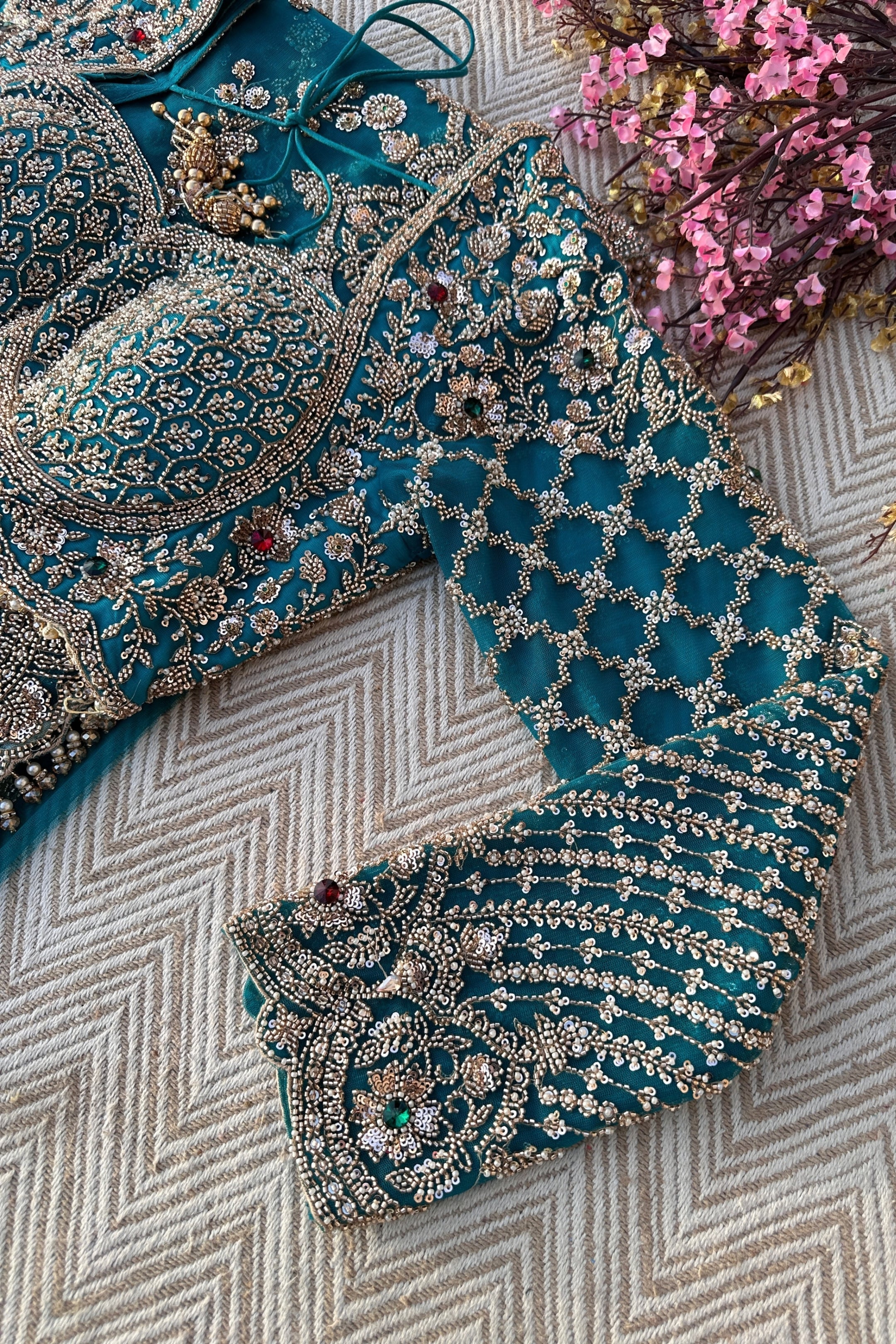 Turquoise Net Saree Embellished With Cut Dana, Sequins & Moti Work