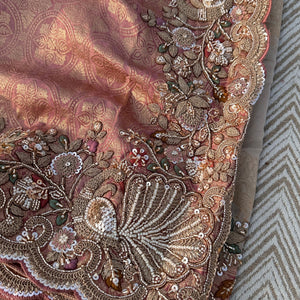 Fawn Tissue Unstitched Saree Embellished With Moti, Sequins, Zari & Cutdana Work