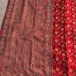 Red Satin Unstitched Saree with Dupatta Embellished with Zarkan, Dabka, Mirror, Sequins & Cutdana work