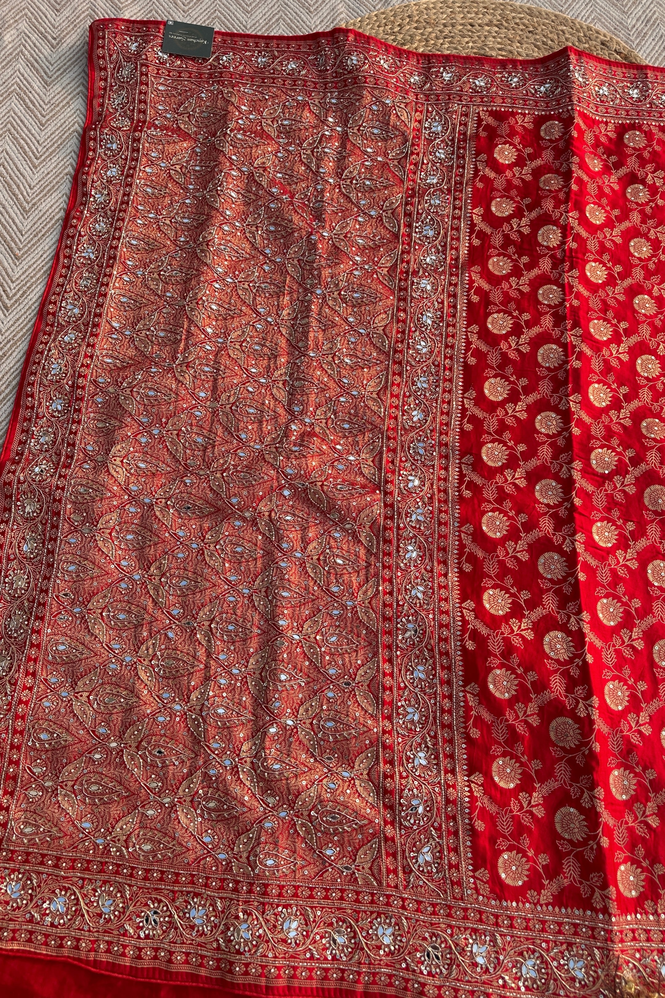 Red Satin Unstitched Saree with Dupatta Embellished with Zarkan, Dabka, Mirror, Sequins & Cutdana work