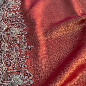 Rani Brocade Unstitched Saree Embellished With Zari, Moti & Cutdana Work