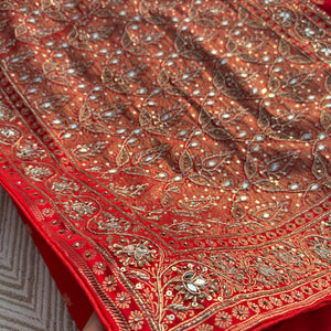 Red Satin Unstitched Saree with Dupatta Embellished with Zarkan, Dabka, Mirror, Sequins & Cutdana work