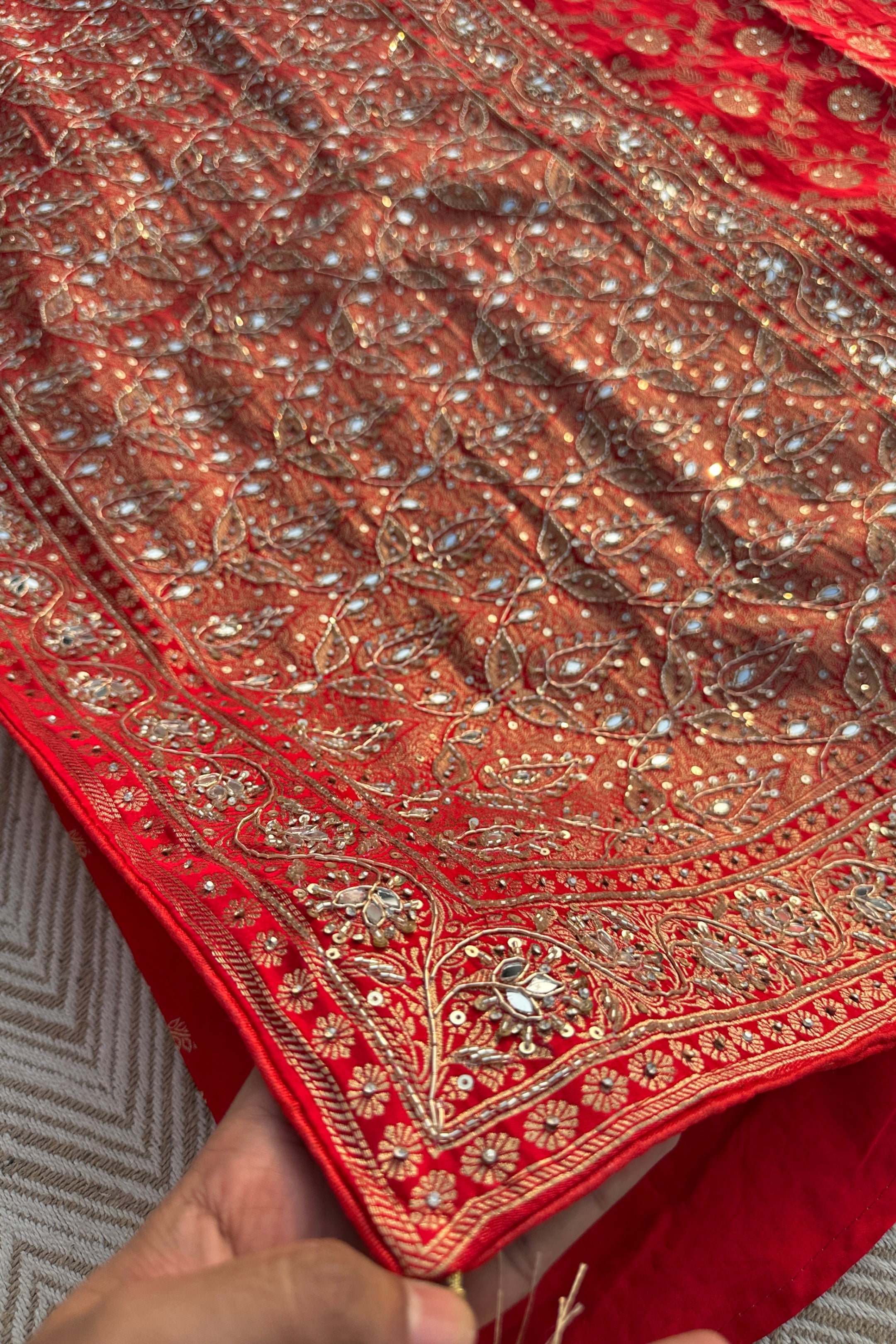 Red Satin Unstitched Saree with Dupatta Embellished with Zarkan, Dabka, Mirror, Sequins & Cutdana work