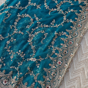 Turquoise Net Saree Embellished With Cut Dana, Sequins & Moti Work