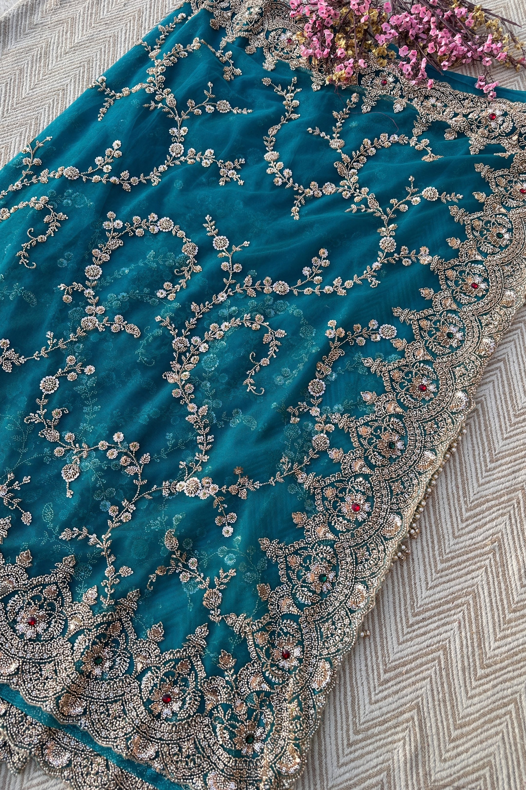 Turquoise Net Saree Embellished With Cut Dana, Sequins & Moti Work