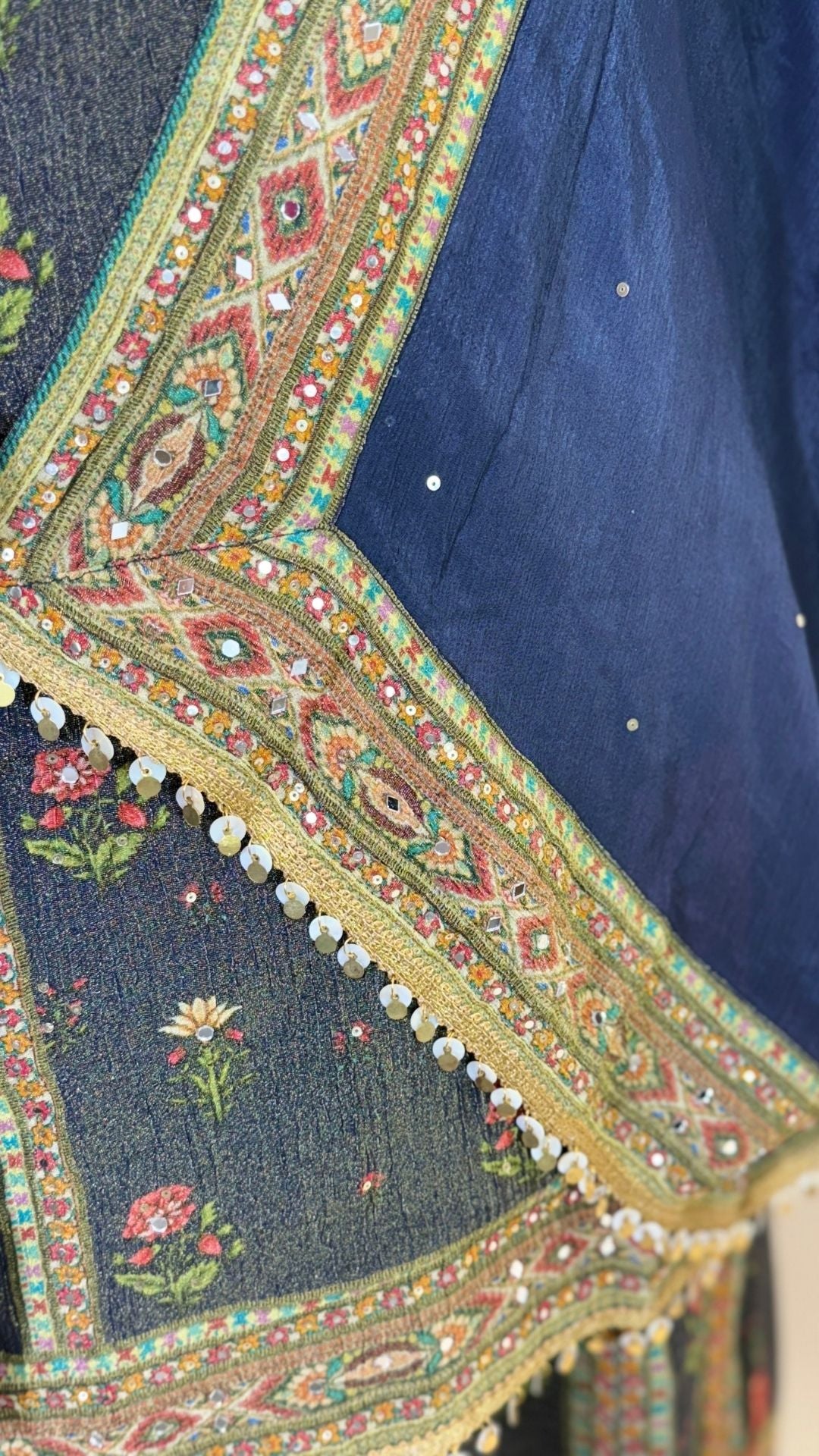 Stylish Blue Flared Palazzo Suit Dupatta in Wrinkle Tissue with Mirror Detailing