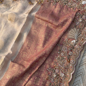 Fawn Tissue Unstitched Saree Embellished With Moti, Sequins, Zari & Cutdana Work