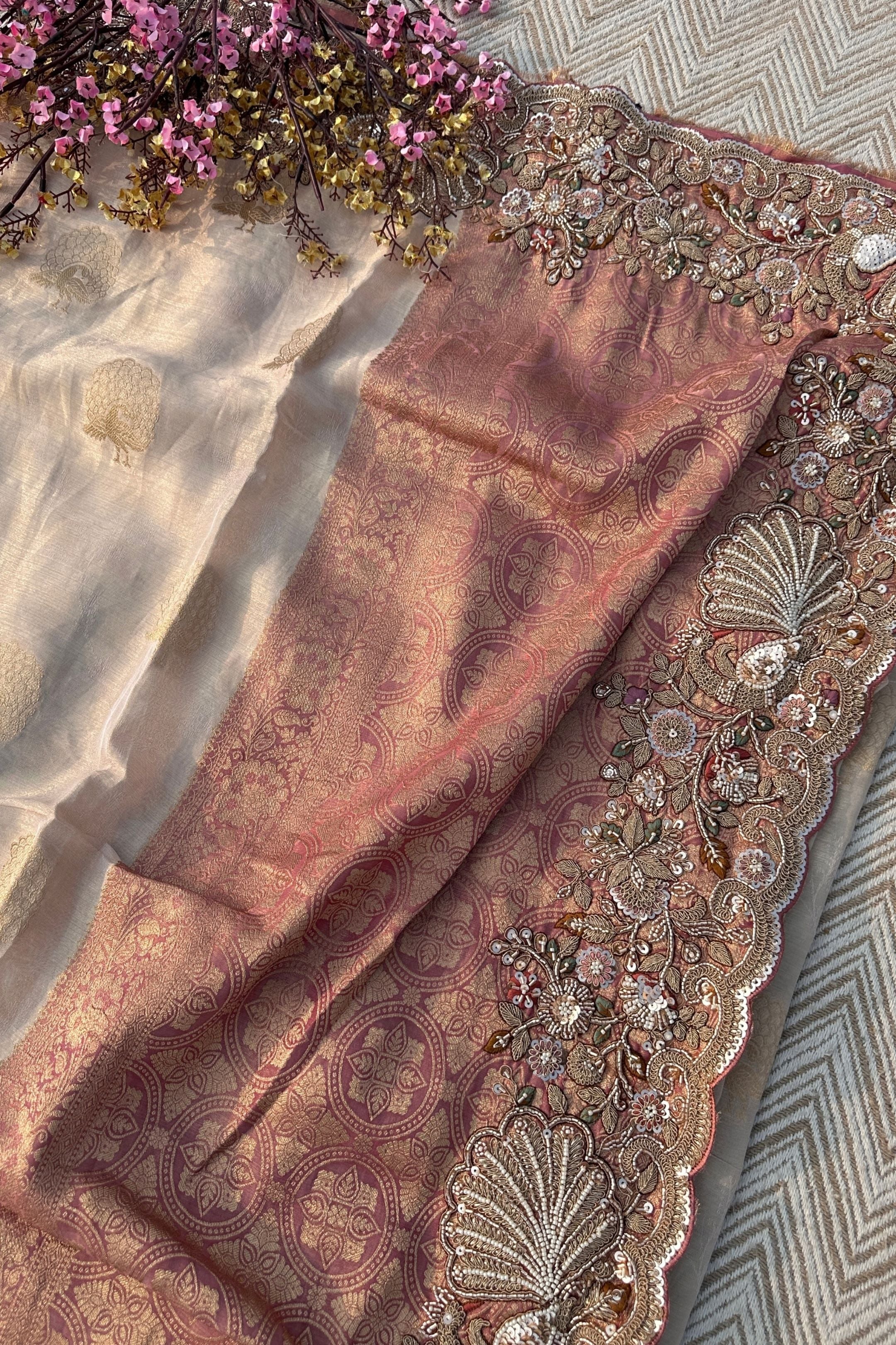 Fawn Tissue Unstitched Saree Embellished With Moti, Sequins, Zari & Cutdana Work