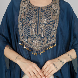 Blue Chinon Indo Western with Cutdana and Sequins Embroidery