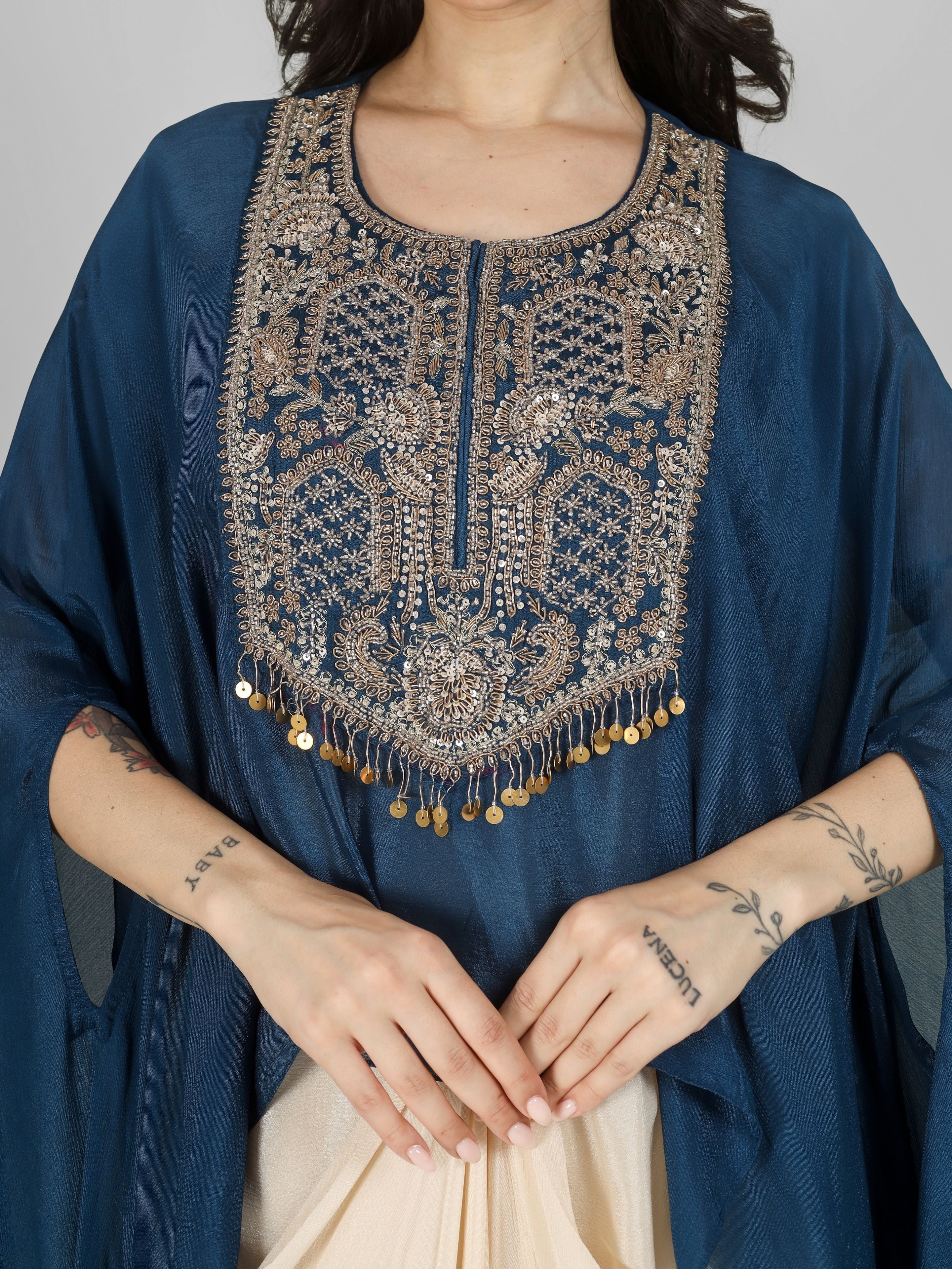 Blue Chinon Indo Western with Cutdana and Sequins Embroidery