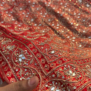 Red Satin Unstitched Saree with Dupatta Embellished with Zarkan, Dabka, Mirror, Sequins & Cutdana work
