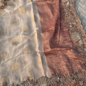 Fawn Tissue Unstitched Saree Embellished With Moti, Sequins, Zari & Cutdana Work
