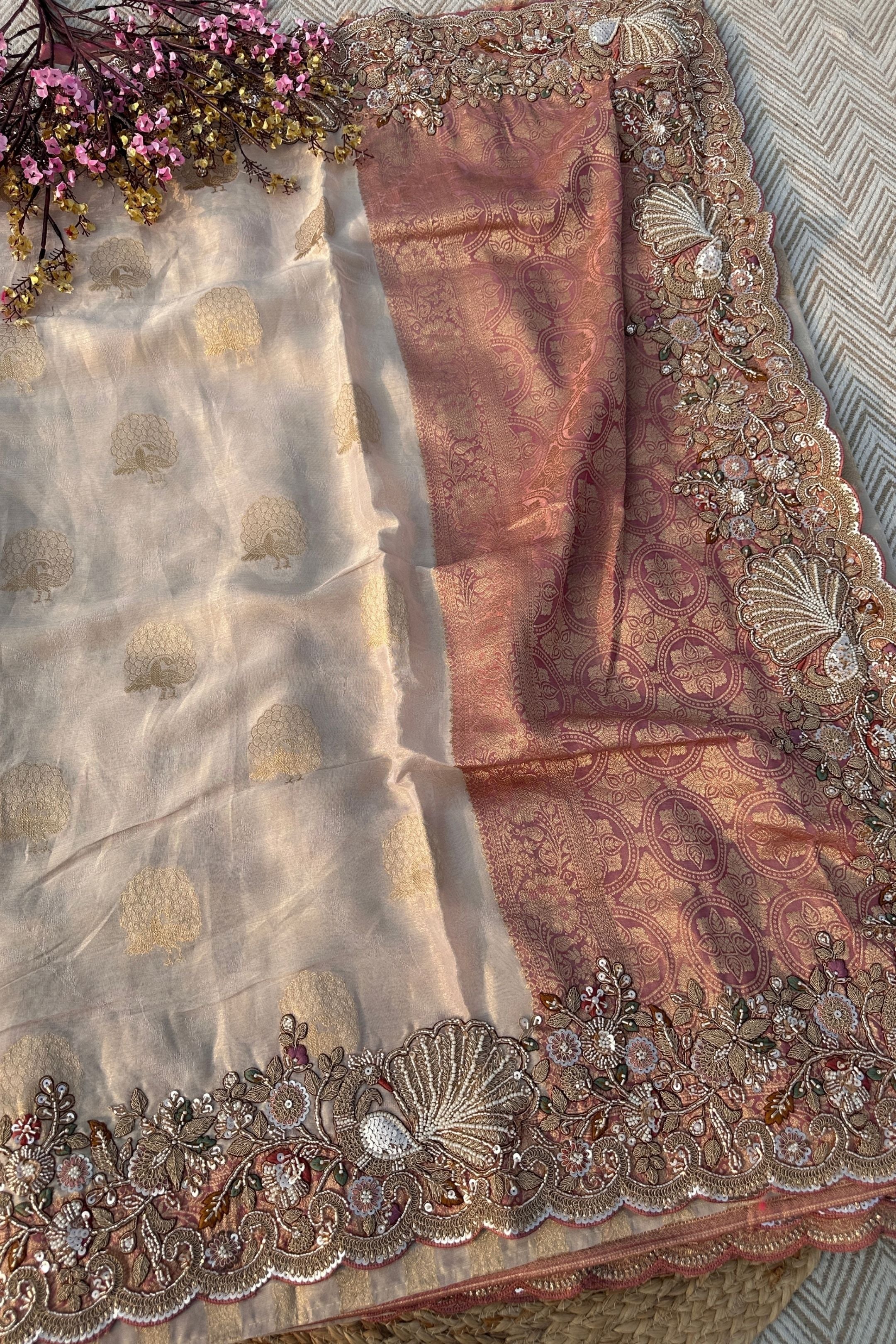 Fawn Tissue Unstitched Saree Embellished With Moti, Sequins, Zari & Cutdana Work