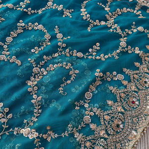Turquoise Net Saree Embellished With Cut Dana, Sequins & Moti Work