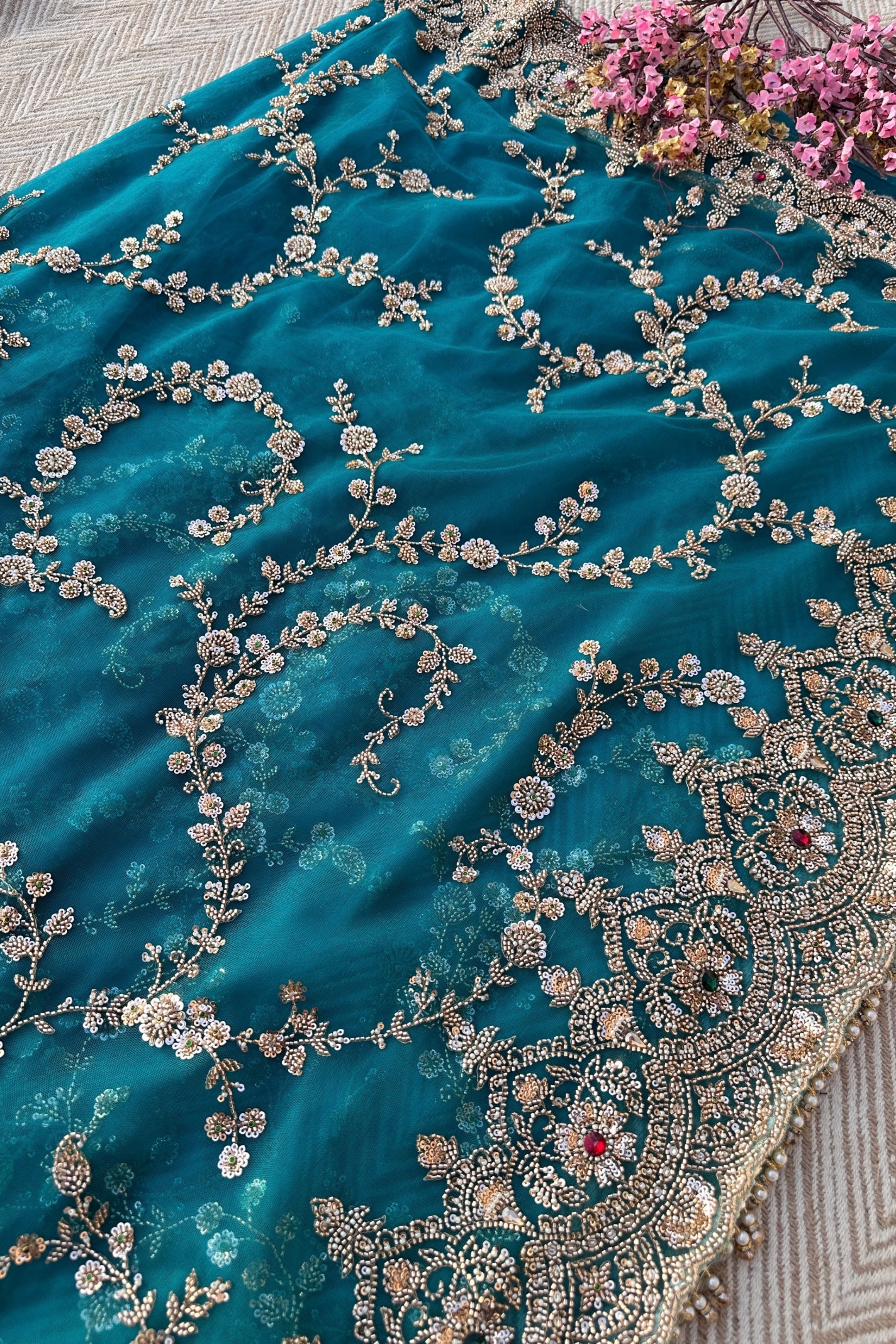 Turquoise Net Saree Embellished With Cut Dana, Sequins & Moti Work
