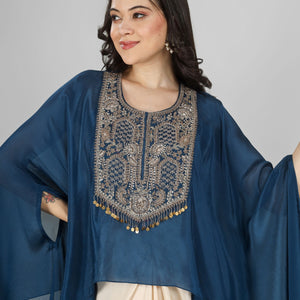 Blue Chinon Indo Western with Cutdana and Sequins Embroidery