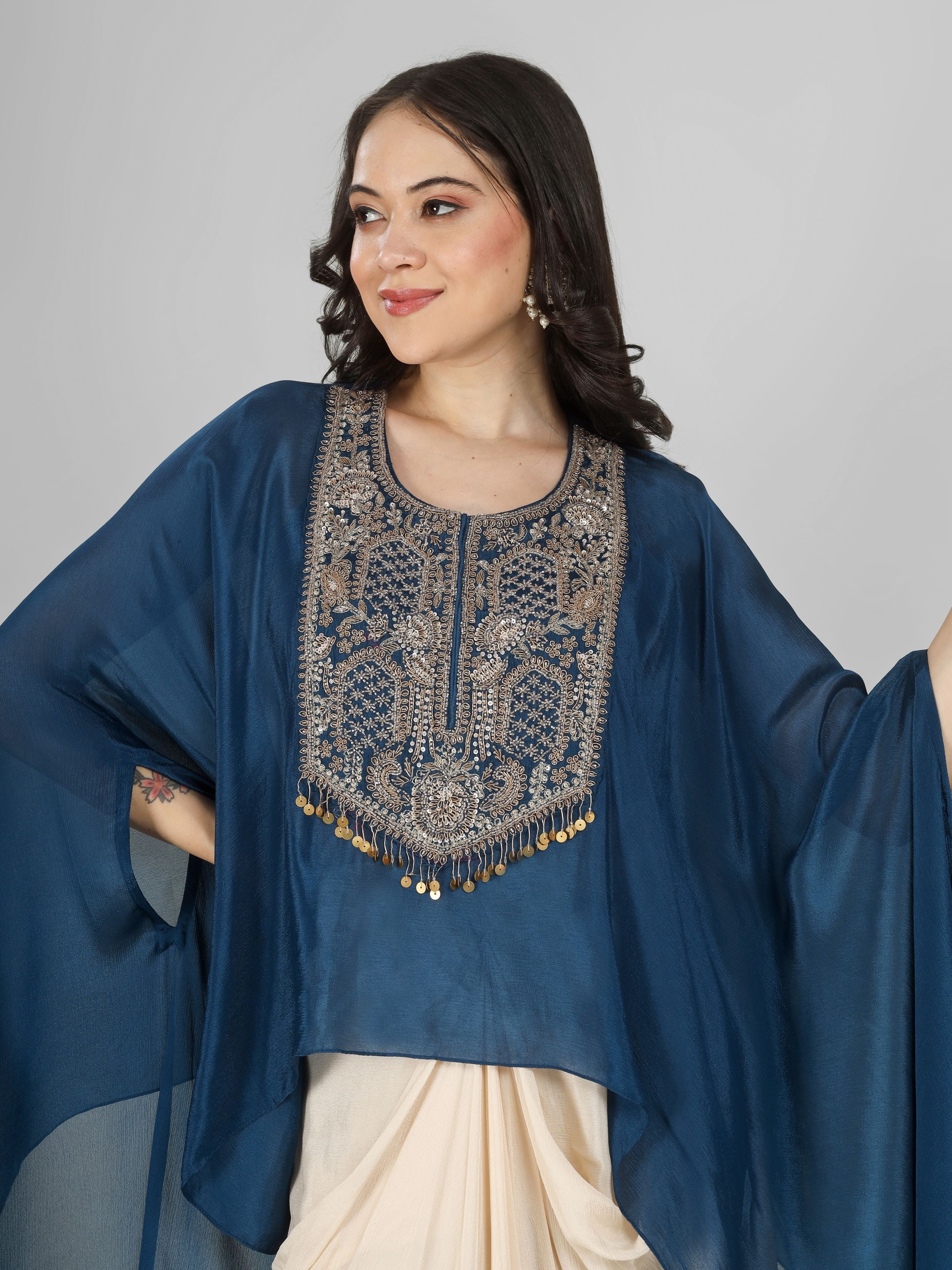 Blue Chinon Indo Western with Cutdana and Sequins Embroidery