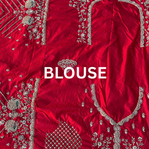 Red Rani Banarasi Satin Unstitched Saree Embellished With Zari, Moti, Sequins & Cutdana Work