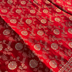 Red Satin Unstitched Saree with Dupatta Embellished with Zarkan, Dabka, Mirror, Sequins & Cutdana work