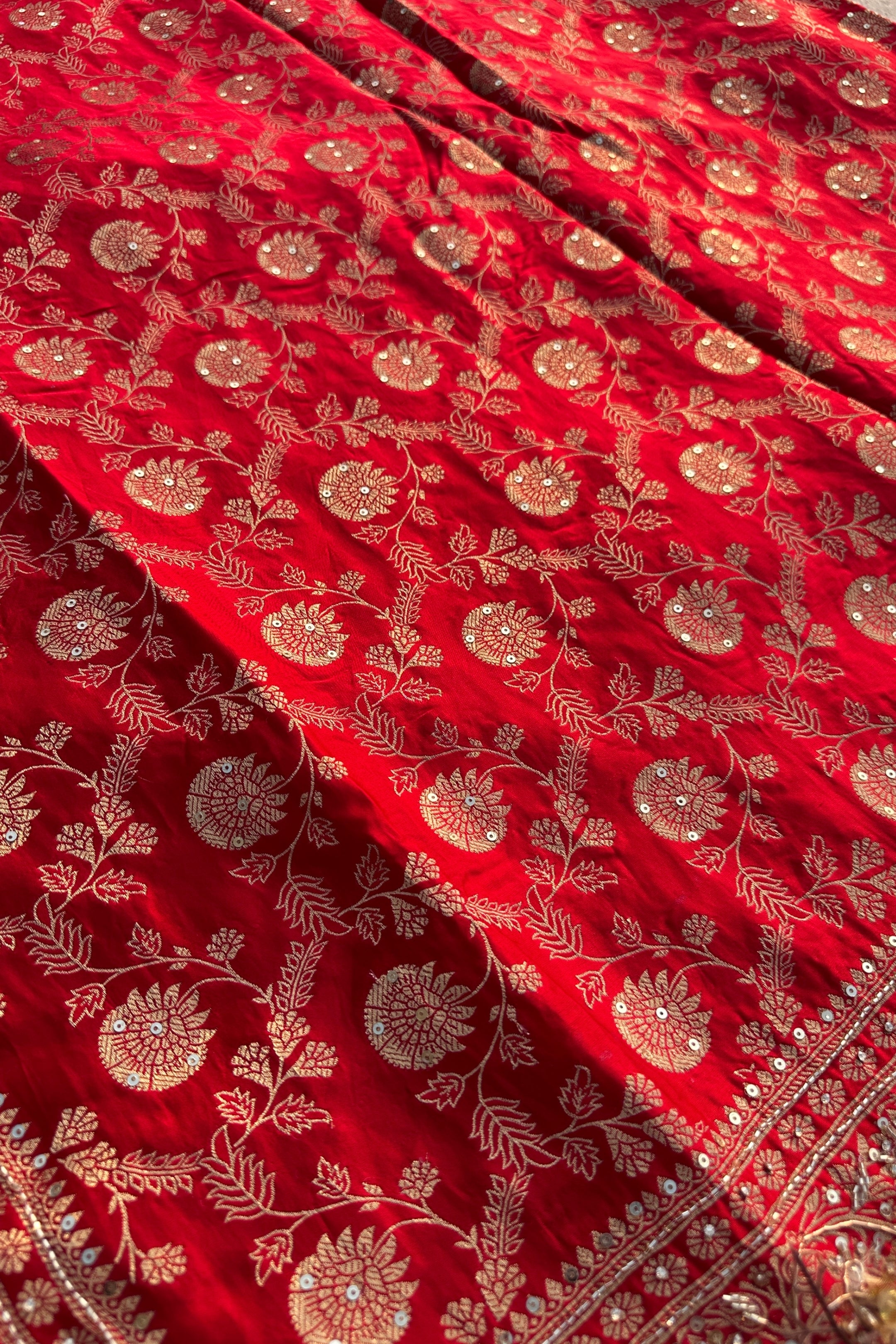 Red Satin Unstitched Saree with Dupatta Embellished with Zarkan, Dabka, Mirror, Sequins & Cutdana work