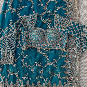 Turquoise Net Saree Embellished With Cut Dana, Sequins & Moti Work