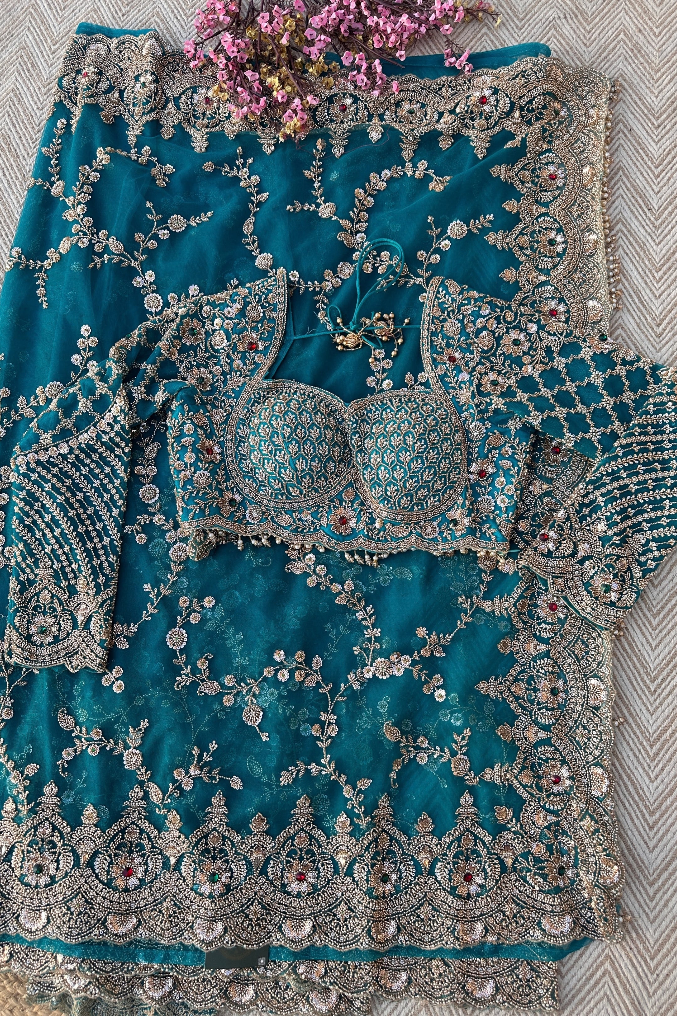Turquoise Net Saree Embellished With Cut Dana, Sequins & Moti Work