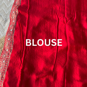 Red Satin Unstitched Saree with Dupatta Embellished with Zarkan, Dabka, Mirror, Sequins & Cutdana work