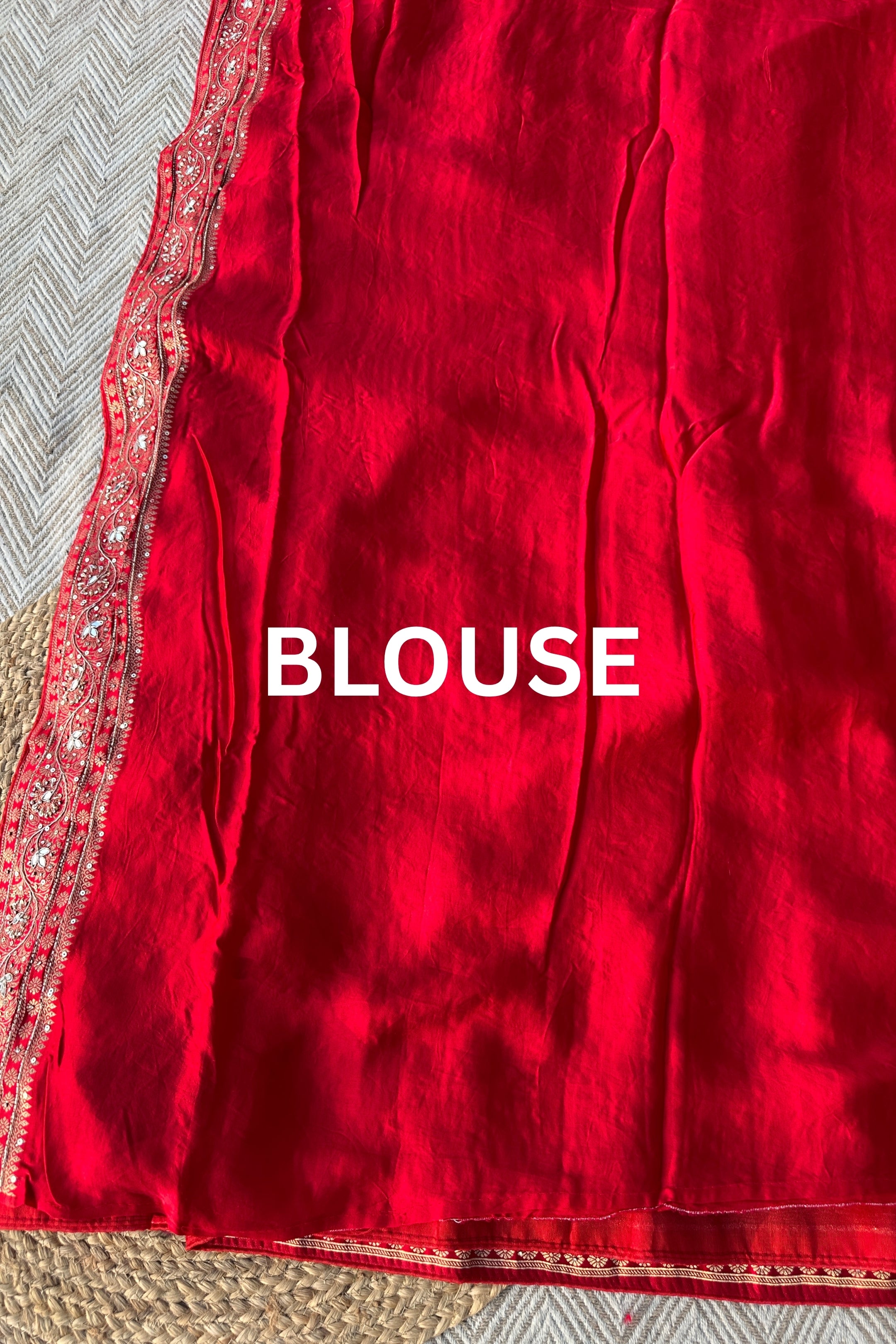 Red Satin Unstitched Saree with Dupatta Embellished with Zarkan, Dabka, Mirror, Sequins & Cutdana work