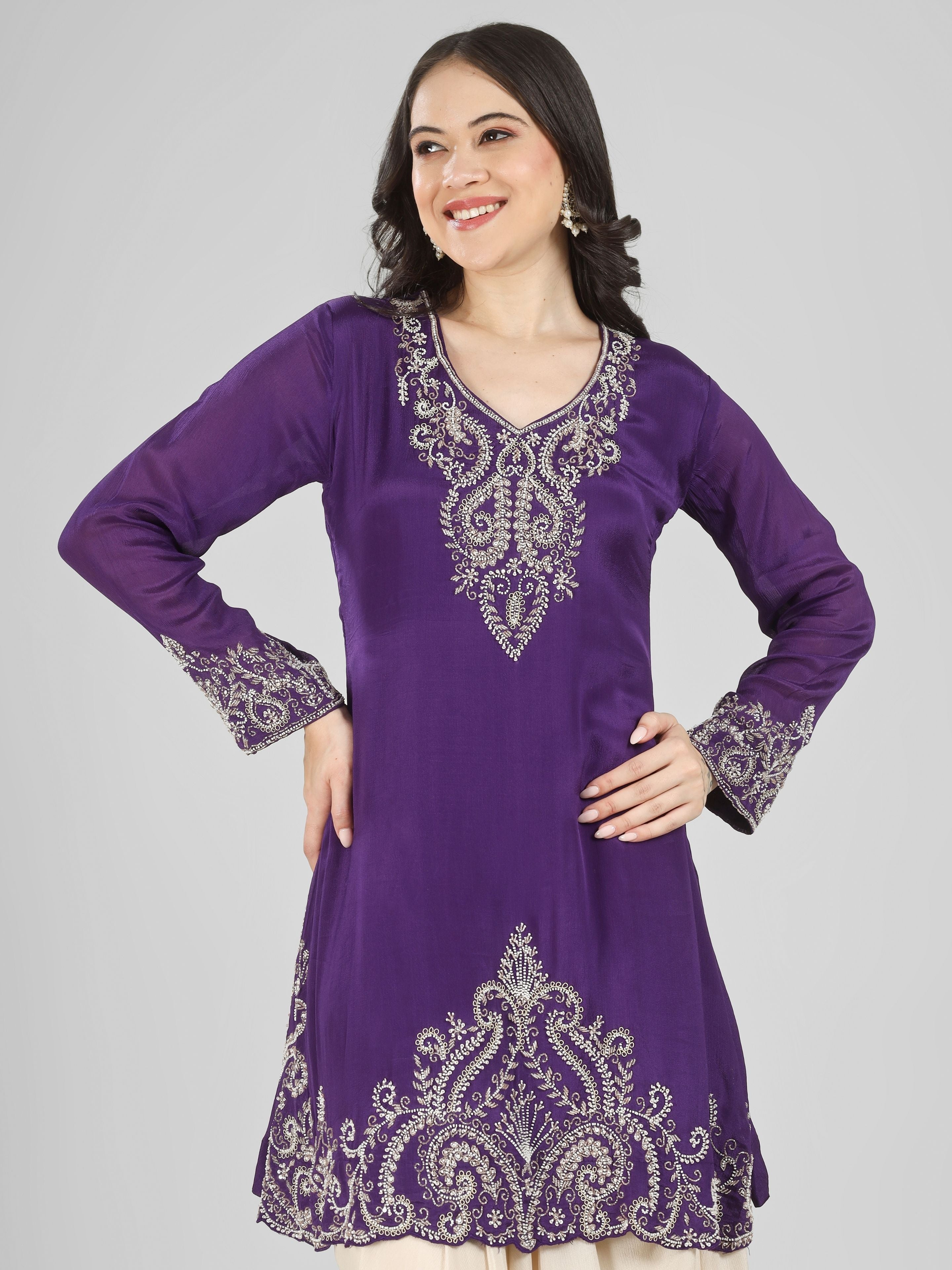 Purple Chinon Dhoti Suit Set with Cutdana, Sequins, Pearl and Dabka Embroidery