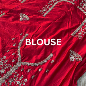 Red Rani Banarasi Satin Unstitched Saree Embellished With Zari, Moti, Sequins & Cutdana Work