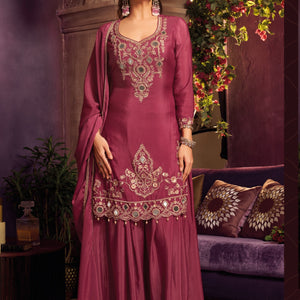 Cherry Red Chinon Suit Embellished With Cutdana, Sequins & Mirror Work