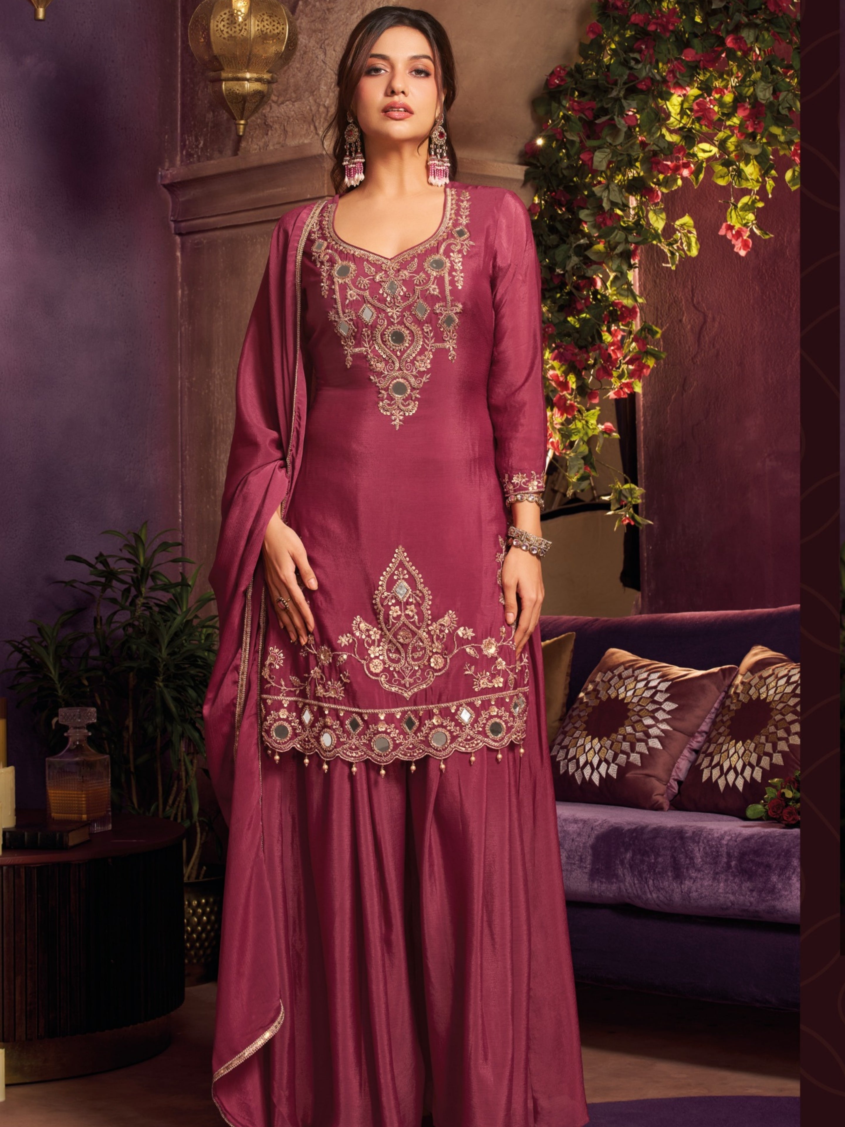 Cherry Red Chinon Suit Embellished With Cutdana, Sequins & Mirror Work