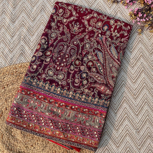 Maroon Chinon Saree Embellished With Zari, Swarovski & Chandla Work