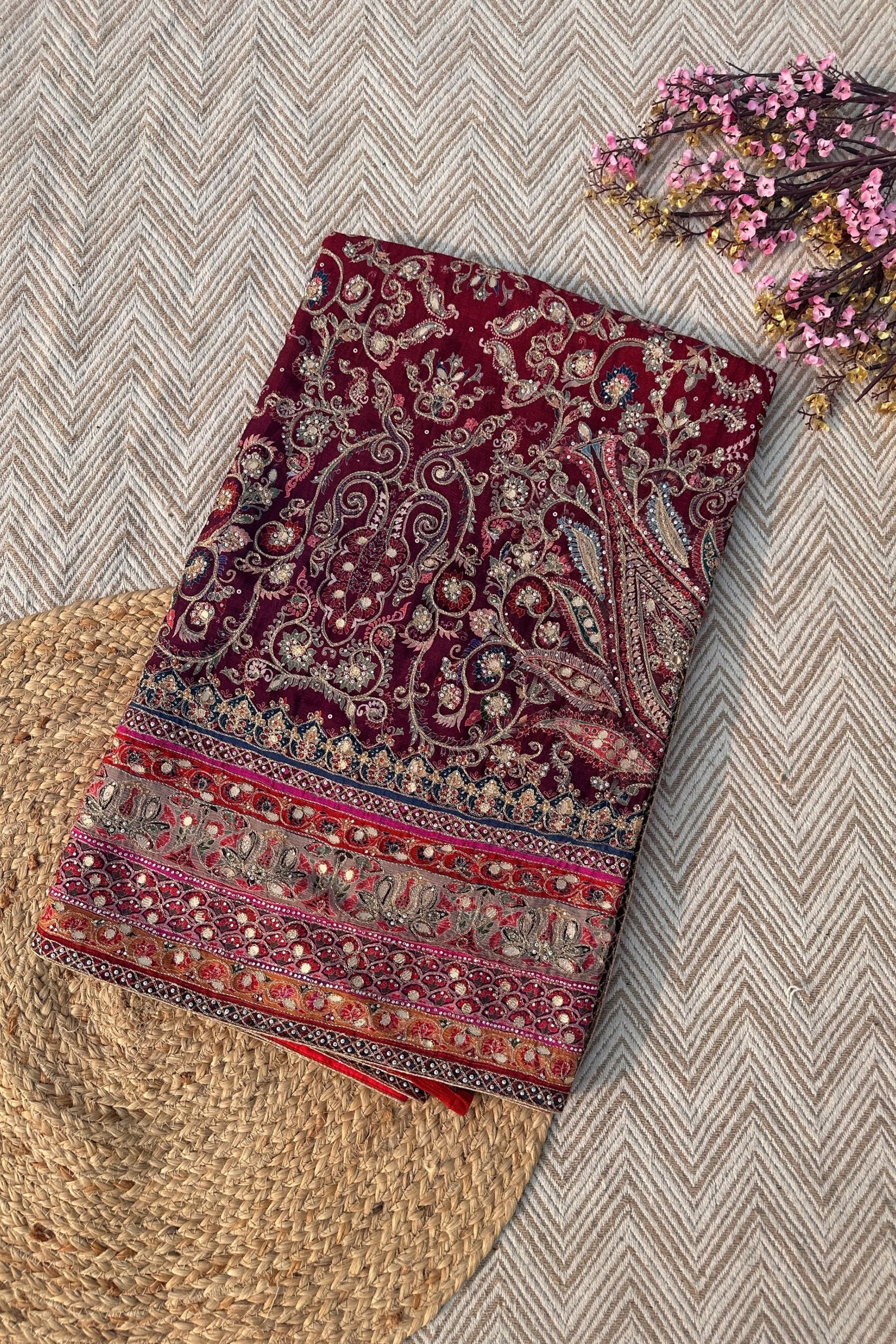 Maroon Chinon Saree Embellished With Zari, Swarovski & Chandla Work