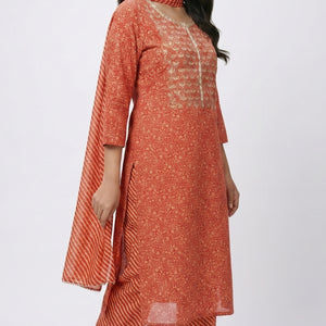 Red Muslin Block & Gold Print Suit with Dabka, Cutdana, Moti & Gota Patti Detailing