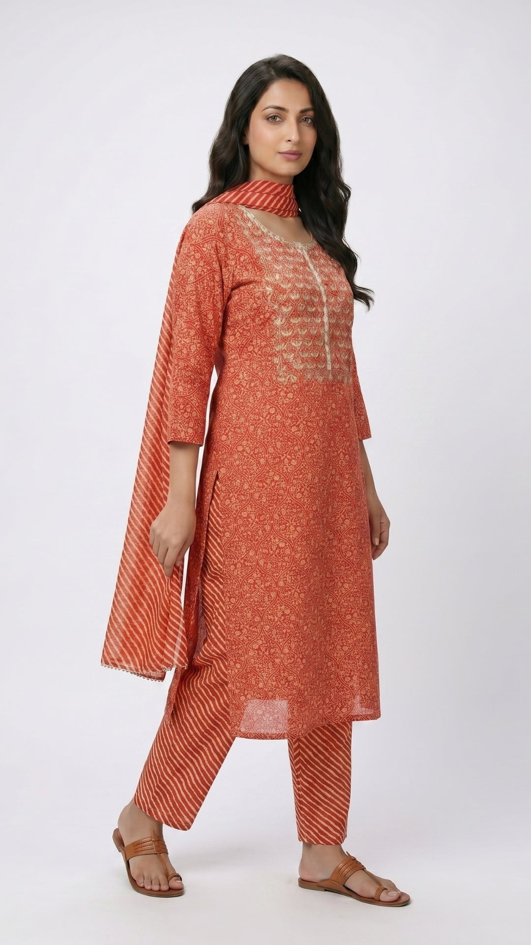 Red Muslin Block & Gold Print Suit with Dabka, Cutdana, Moti & Gota Patti Detailing