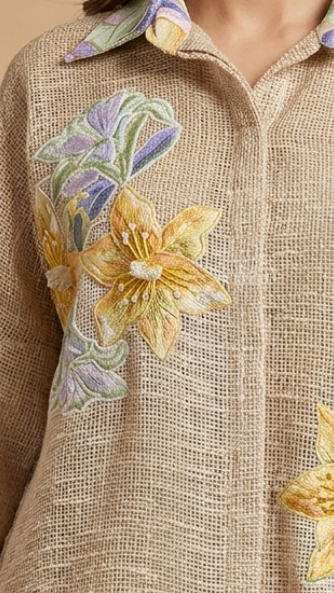 Beige and Cream Jute Embroidered Coord Set