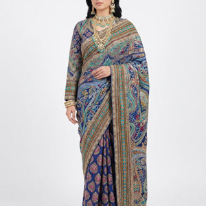 Navy Blue Chinon Ready Made Saree Embellished With Zari, Stone, Mirror & Chandla Work