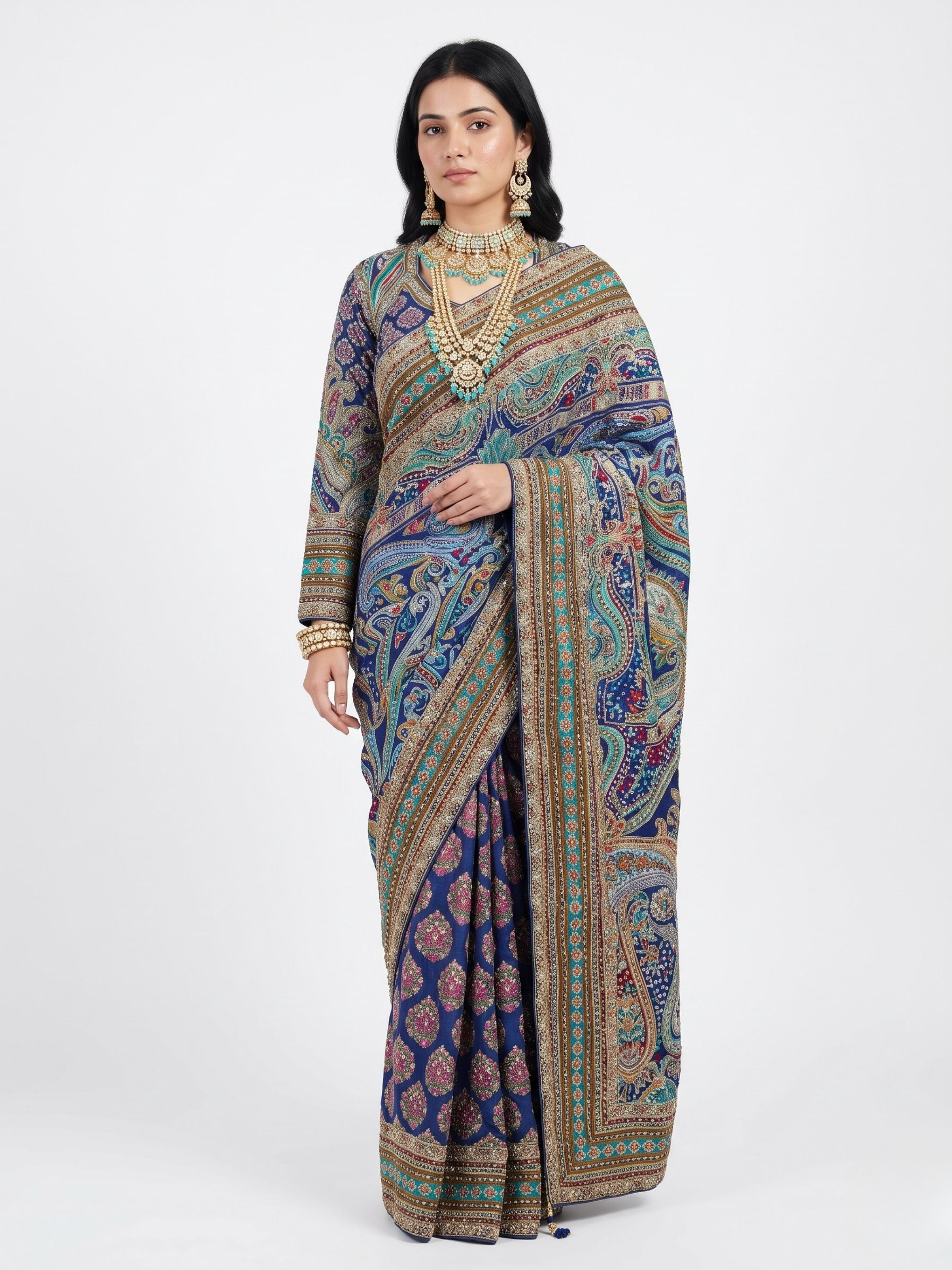 Navy Blue Chinon Ready Made Saree Embellished With Zari, Stone, Mirror & Chandla Work