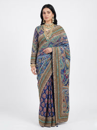 Navy Blue Chinon Ready Made Saree Embellished With Zari, Stone, Mirror & Chandla Work
