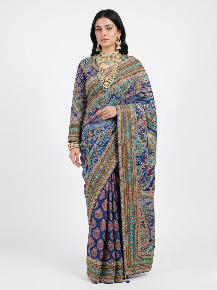Navy Blue Chinon Ready Made Saree Embellished With Zari, Stone, Mirror & Chandla Work