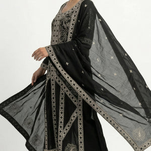 Black Chinon Suit Set with Thread Work Detailing