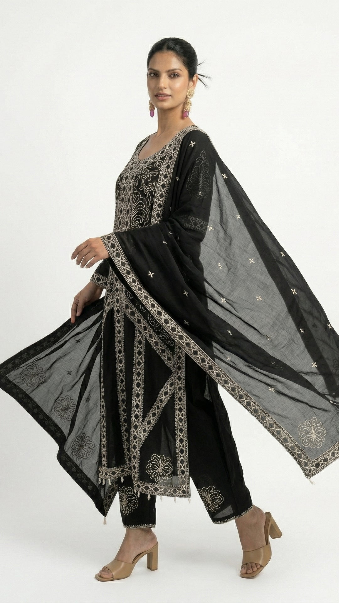 Black Chinon Suit Set with Thread Work Detailing
