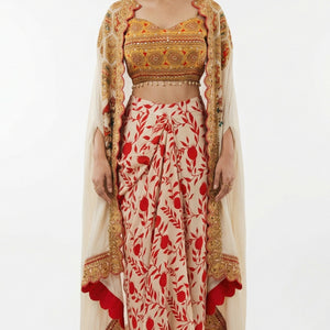 Beige & Red Digital Printed Crepe Top & Skirt with Cape Embellished with Moti, Sequins & Sippi