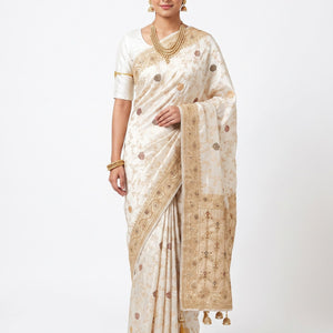 Ivory Silk Unstitched Saree Embellished With Sequins, Cutdana, Zarkan, Dabka & Stone Work