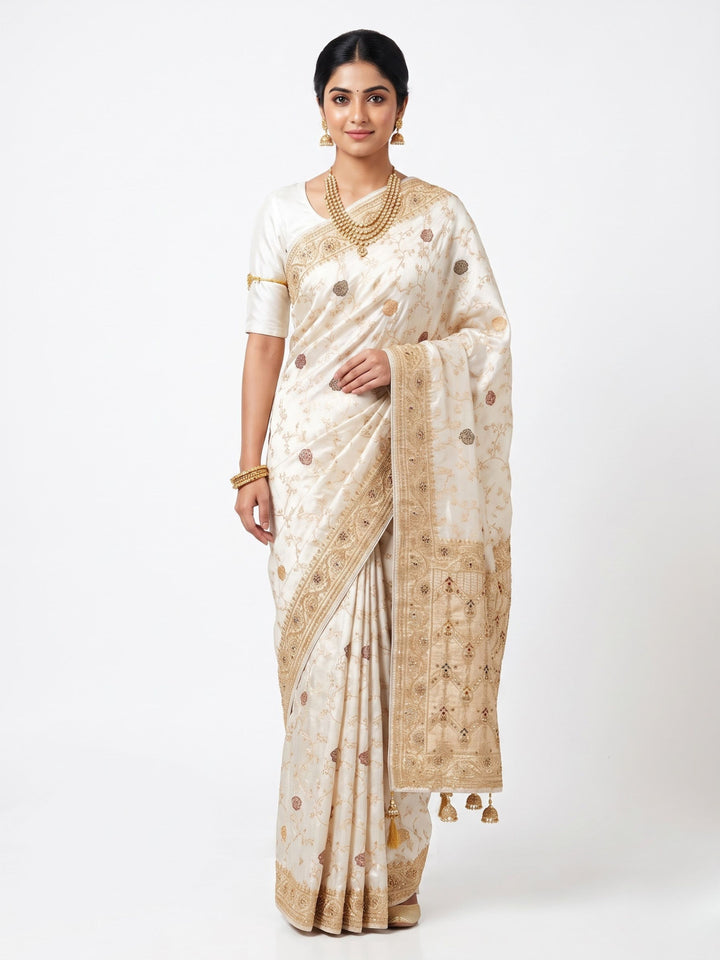 Ivory Silk Unstitched Saree Embellished With Sequins, Cutdana, Zarkan, Dabka & Stone Work