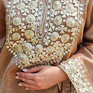 Brown Tissue Banarasi Indo-Western with Gota Patti & Mirror Work