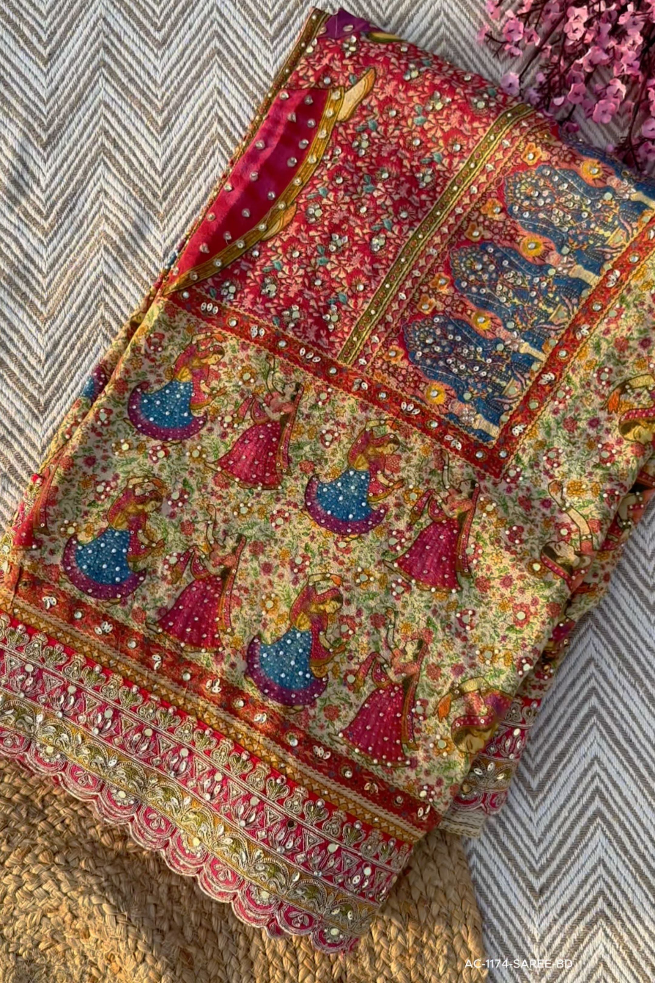 Multicolour Tissue Saree Embellished With Kundan, Sequins & Cut Dana Work