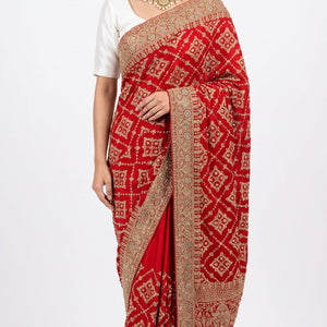 Red Bridal Satin Unstitched Saree with Zarkan & Cut Dana Work