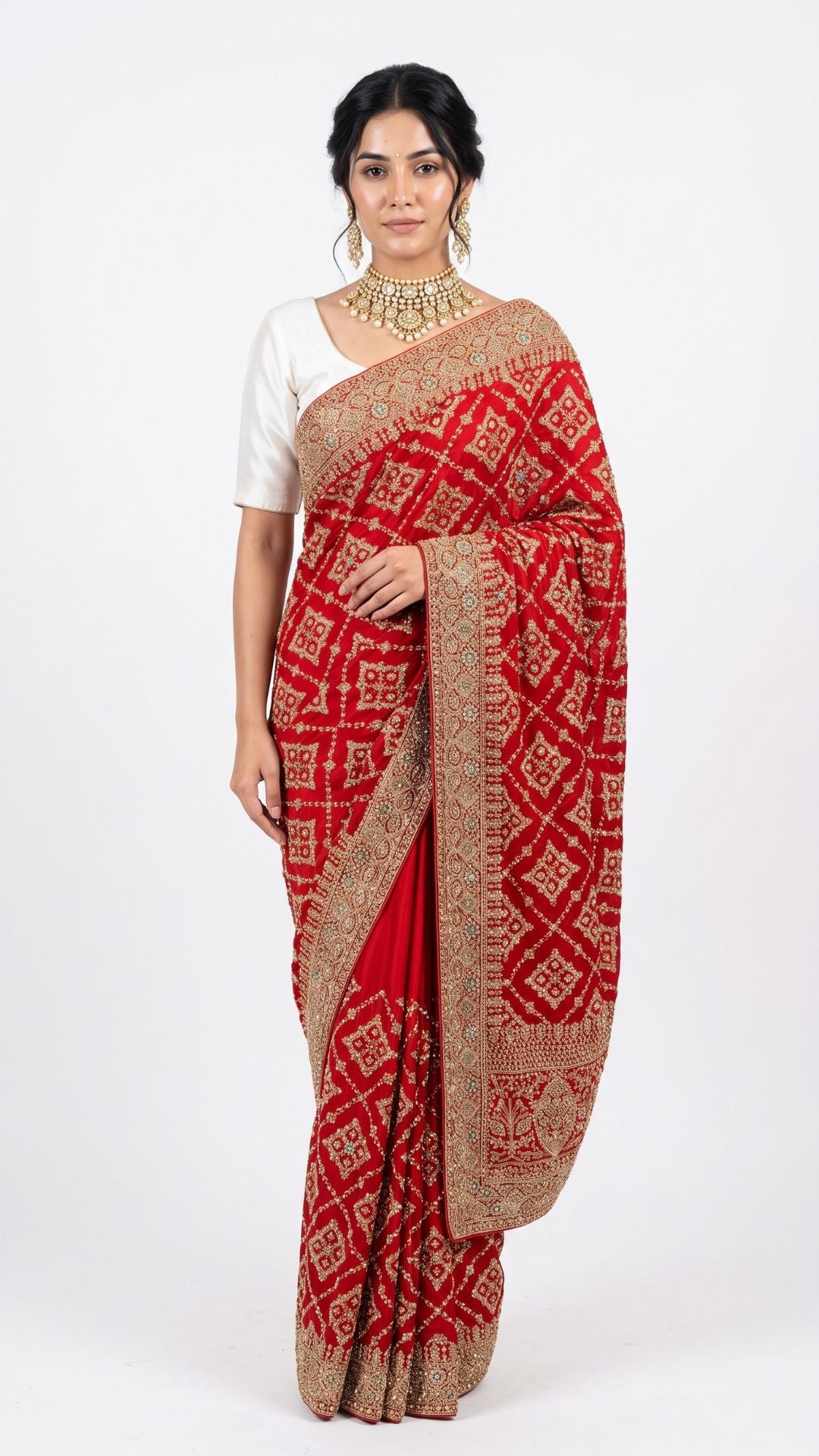 Red Bridal Satin Unstitched Saree with Zarkan & Cut Dana Work